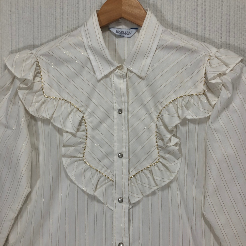 KARMAN White Gold Striped Ruffle‎ Blouse Long Sleeve Button Up Shirt Size 15 16